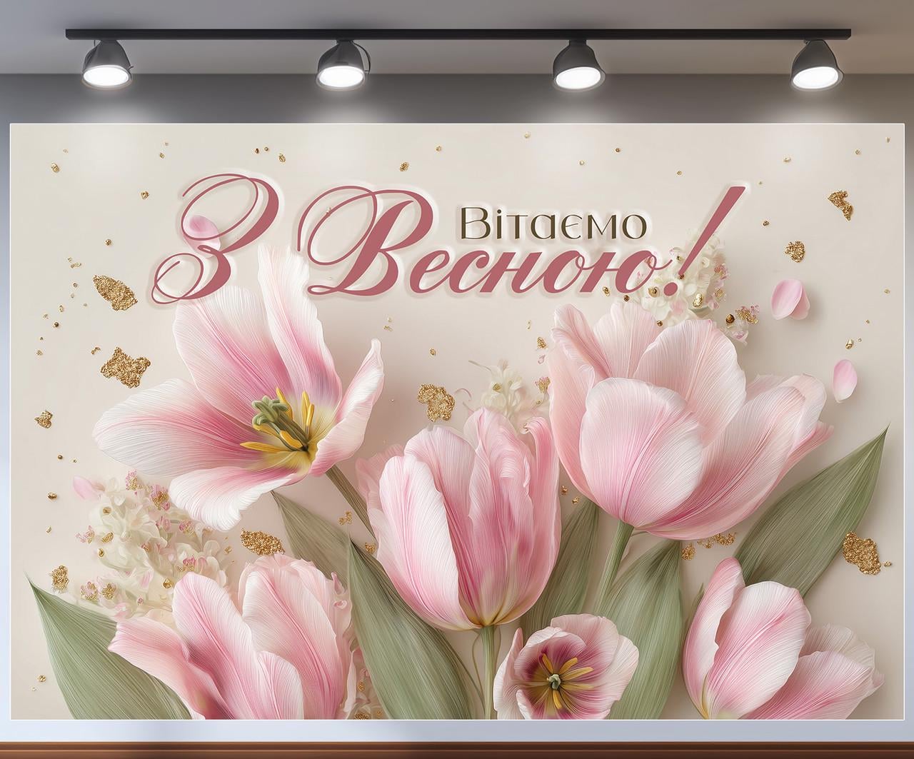 Фотозона весенняя "Вітаємо з Весною"с розово-белыми тюльпанами и золотыми акцентами 2,4х1,8 м №47304