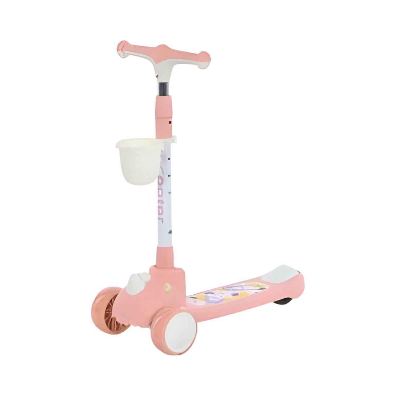 Самокат JR 3-107 3в1 складной колеса ПУ 110 мм с подсветкой/музыкальная панель корзина Розовый (25264102)