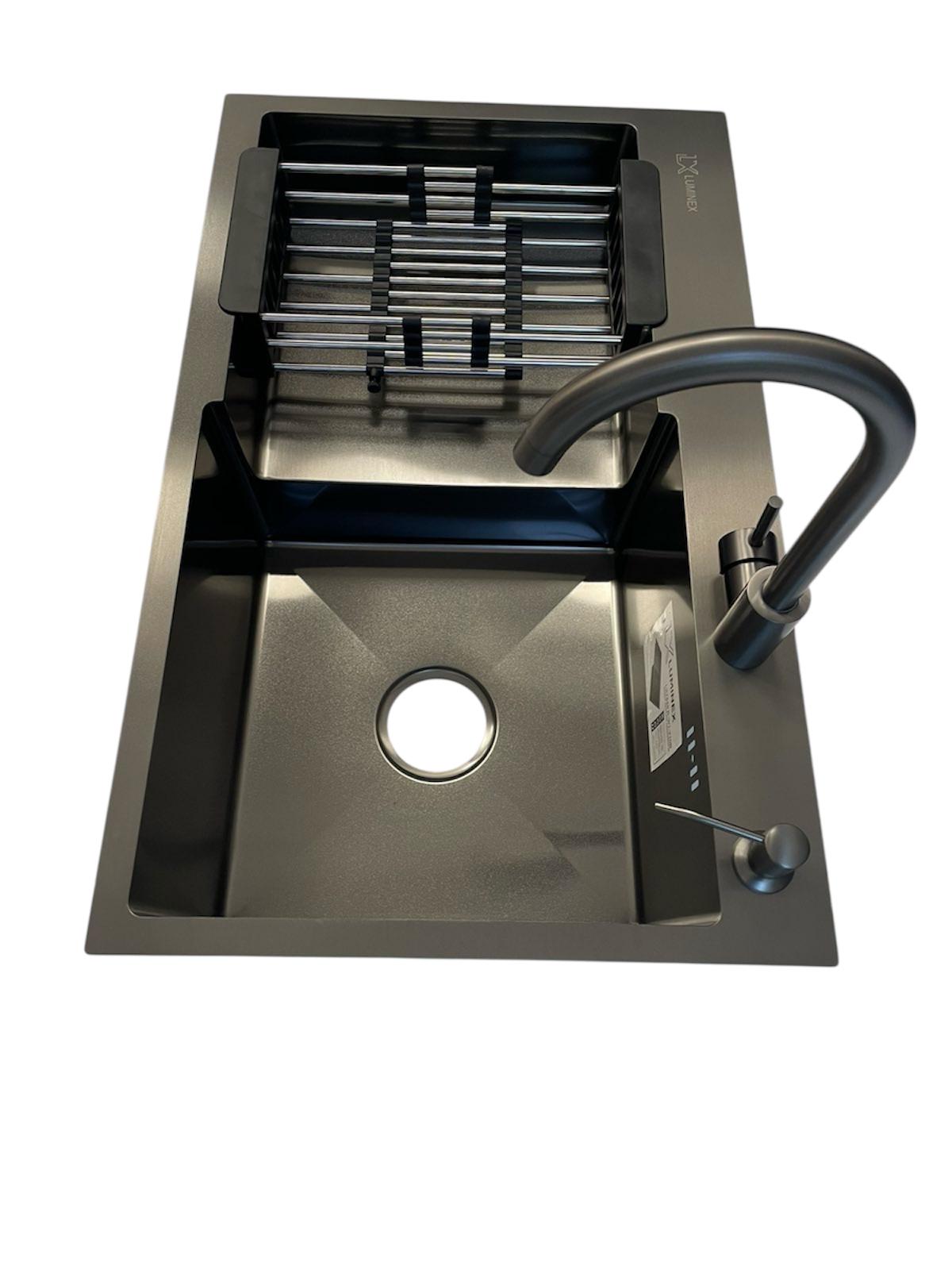 Мойка для кухни правая Luminex 7848 R с краном/сифоном/корзина/дозатор Черный (7710)