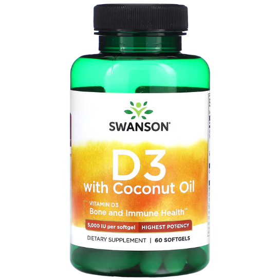 Витамин Д3 с кокосовым маслом Swanson Vitamin D3 5000 ME with Coconut Oil Highest Potency 60 софтгель