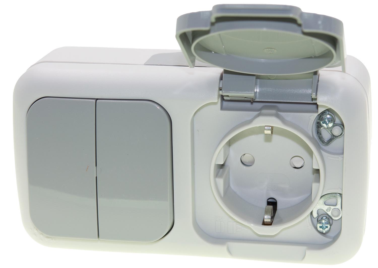 Выключатель влагозащищенный VIKO Palmiye с розеткой с заземлением наружный 2 гнезда Серый (90555582)