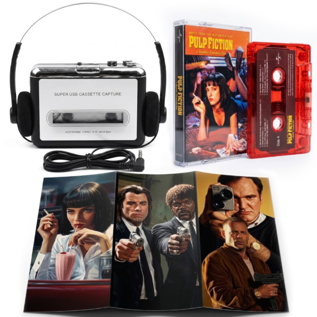 Плеер кассетный Logilink/аудиокассета Pulp Fiction Квентина Тарантино/ретро наушники/постер Уголовное Чтиво 4в1 Black Deluxe (MK001110)