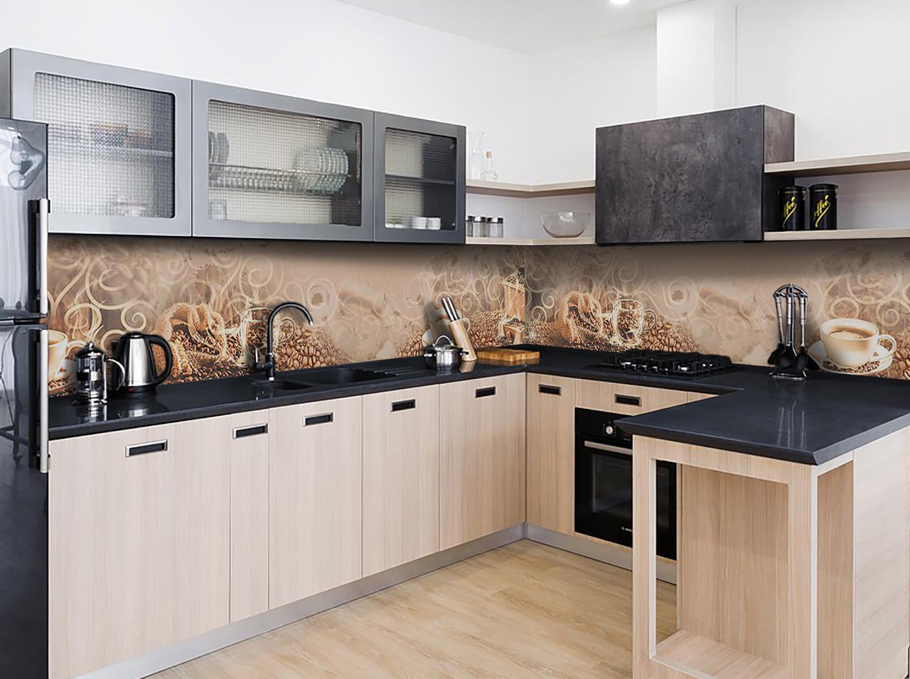 Кухонный фартук Кофейный орнамент из самоклеющейся виниловой пленки 60х250 см Коричневый