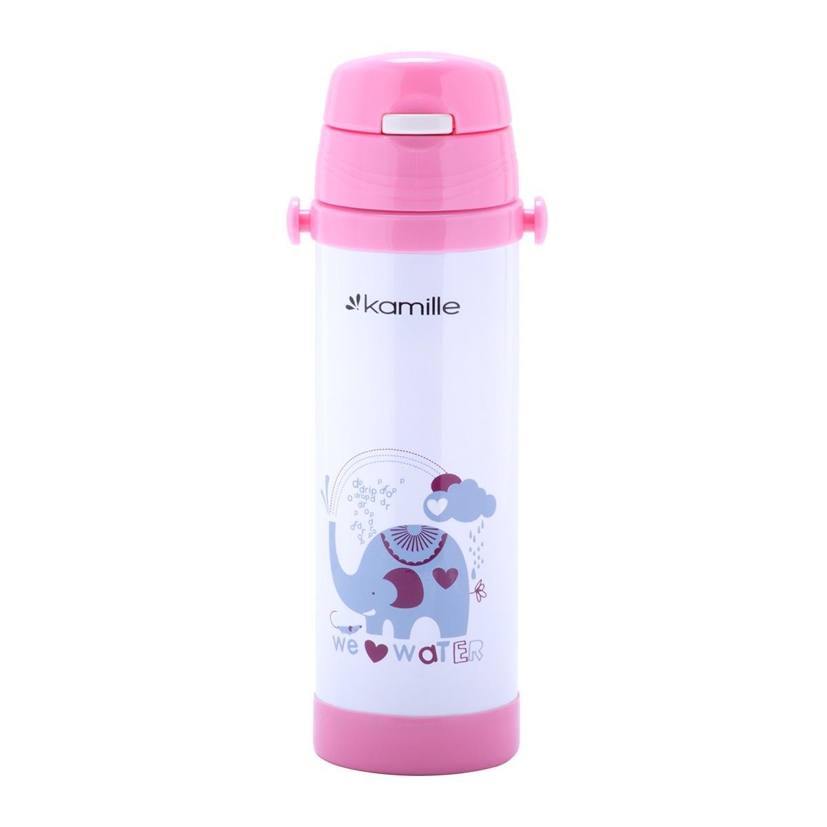 Термобутылка детская с ремешком и трубочкой для питья Kamille KM-2086 из нержавеющей стали 500 мл Розовый (150-84-2086.1)