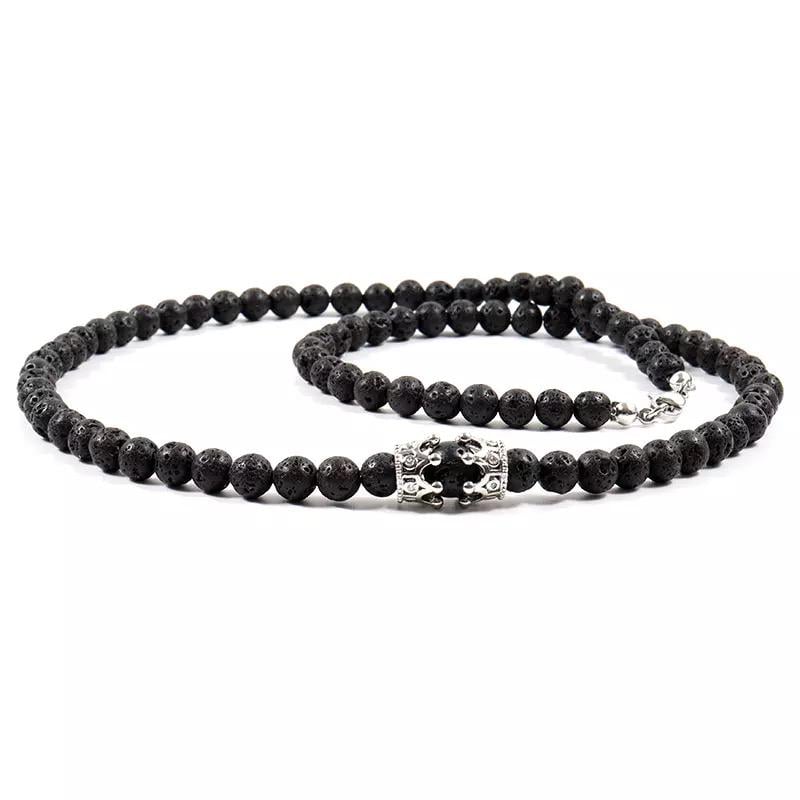 Намисто з лавового каменю з срібними коронами 6 мм р. 40 (19027)