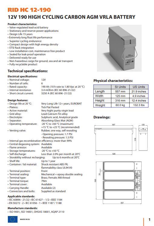 Батарея для ДБЖ RID HC акумуляторна 12 V 190 Ah (RID HC 12-190) - фото 3