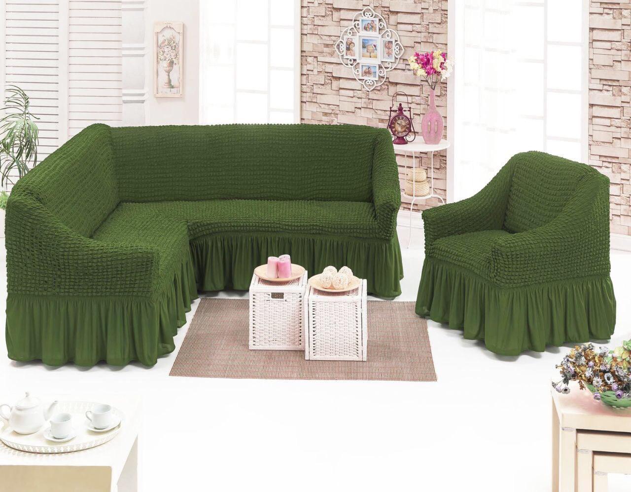 Чехол-накидка на угловой диван с креслом Зеленый (10-18- dv265971/14)