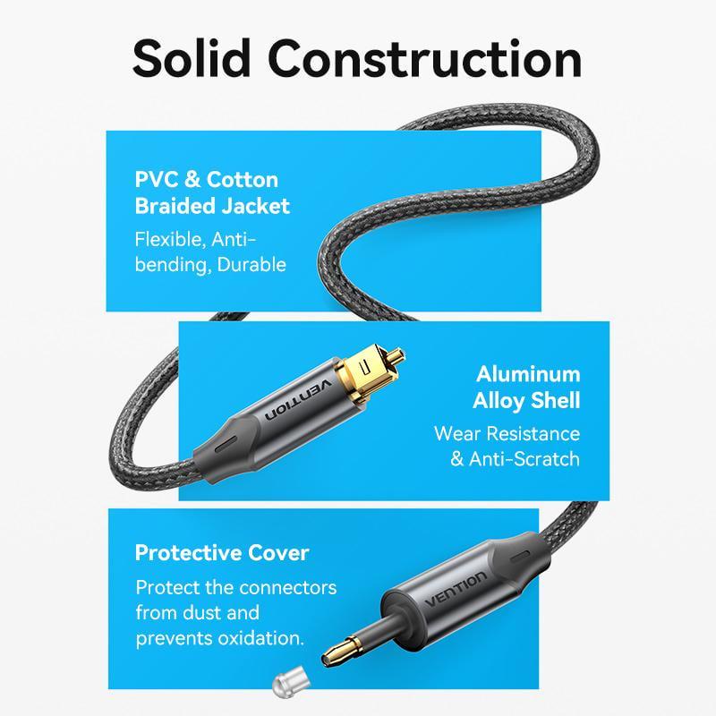 Кабель оптичний Vention mini Toslink-Toslink SPDIF Dolby Digital Аудіо Hi-Fi нейлонове обплетення 1,5 м Чорний (BKCBG) - фото 11