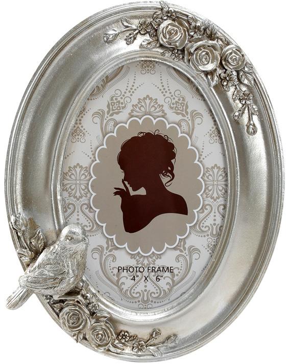 Фоторамка Птичка для фото 15х10 см овальная полистоун Aнтичное серебро (25125)