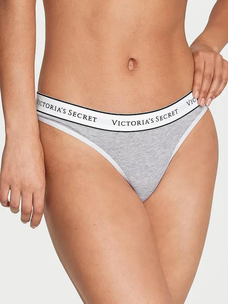 Трусики хлопковые Victoria's Secret Logo Cotton Thong Panty Gray M Серый (26825570)