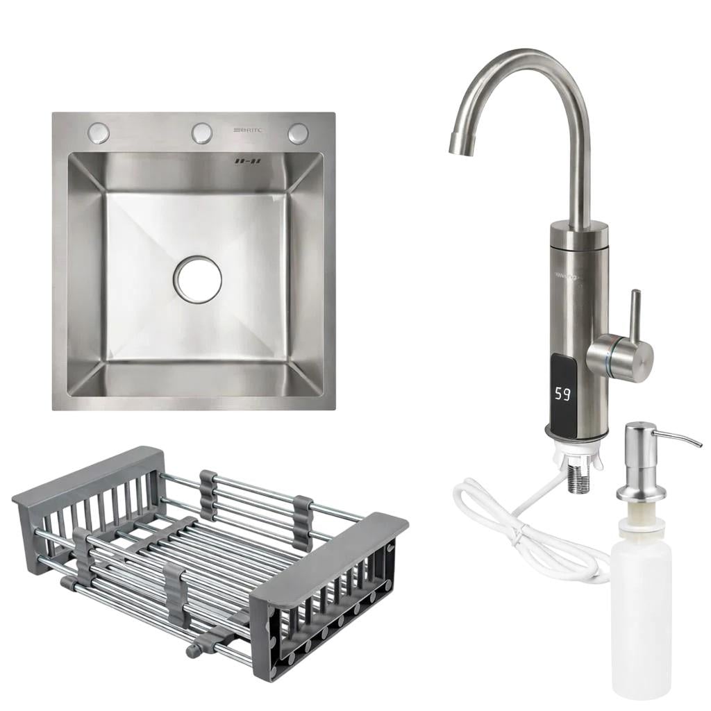 Комплект на дачу Britc кухонна мийка 50х50 нержавіюча сталь/кран-водонагрівач проточний з дисплеєм/аксесуарами