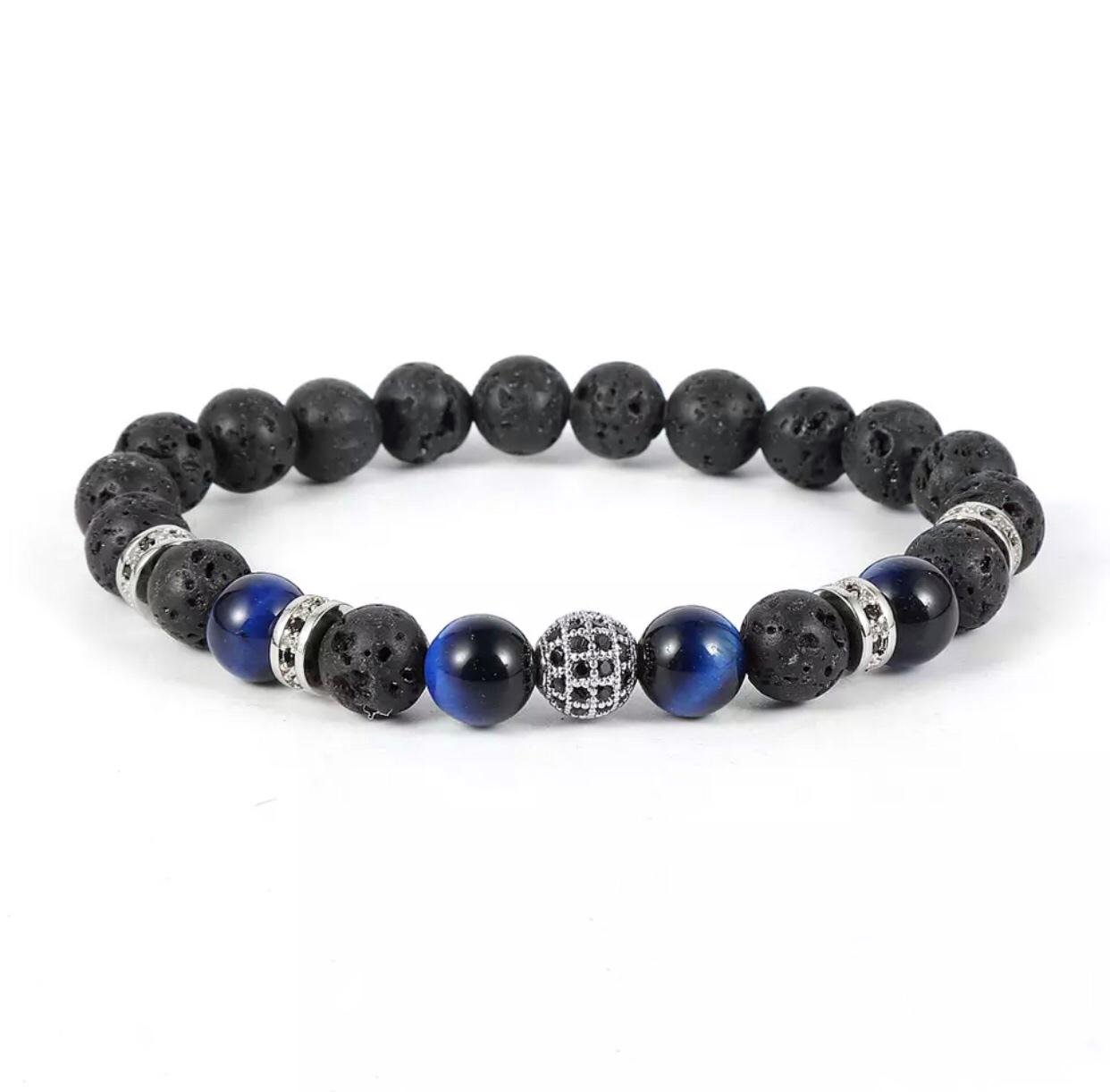Браслет из лавового камня и тигрового глаза с шаром и дисками р. 19 Серебряный/Синий/Черный (90103) Браслет из лавового камня и тигрового глаза с шаром и дисками р. 19 Серебряный/Синий/Черный (90103)