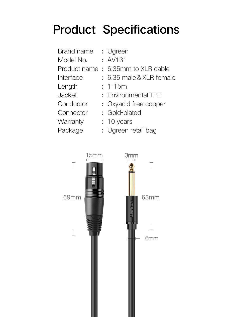 Кабель UGREEN XLR мама-6.5 мм Jack папа аудіо для мікшеру 2 м Чорний (20719) - фото 8 Кабель UGREEN XLR мама-6.5 мм Jack папа аудіо для мікшеру 2 м Чорний (20719) - фото 8