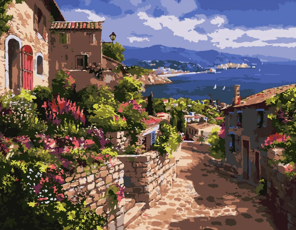 Картина по номерам Strateg Премиум Улочки Греции с лаком и уровнем 40x50 см (VA-0380)