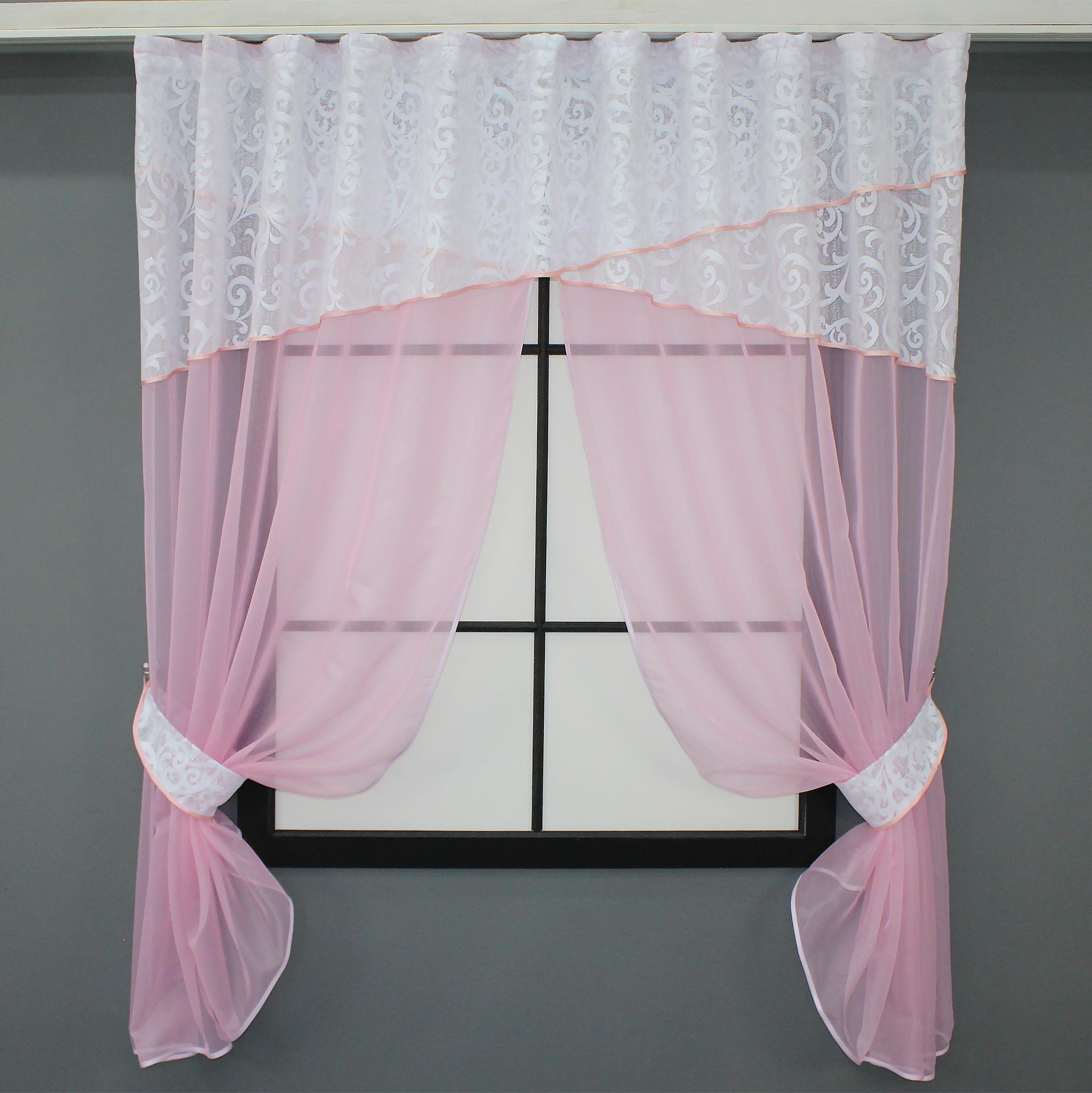 Шторы кухонные VR-Textil № 091к с ламбрекеном и подвязками 270х170 см Розовый/Белый (52-0838)