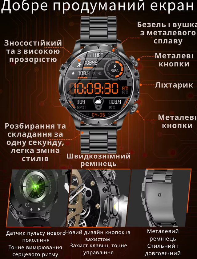 Смарт-часы мужские военные Modfit Tactic Blaze с компасом/функцией звонка и ремешками 2 шт. железный и силиконовый Черный (1077-0322) - фото 10 Смарт-часы мужские военные Modfit Tactic Blaze с компасом/функцией звонка и ремешками 2 шт. железный и силиконовый Черный (1077-0322) - фото 10