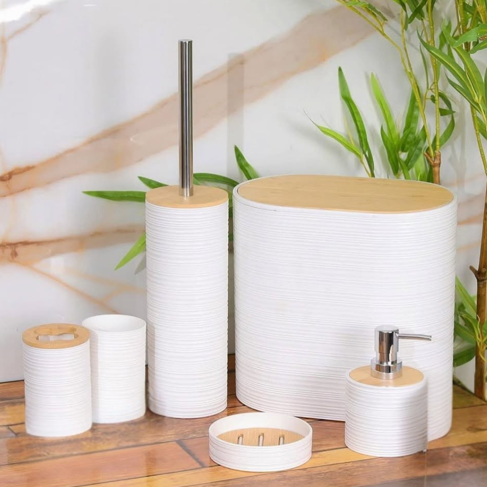 Набор аксессуаров для ванной комнаты и душа 6в1 дозатор для мыла мыльница стаканы и ершик Белый