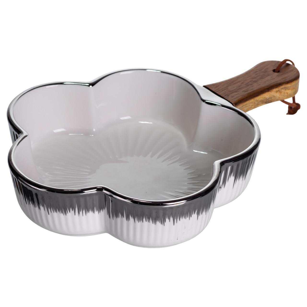 Миска сервировочная фарфоровая Flower с деревянной ручкой 800 мл Серебряный (ZJH-13-4)