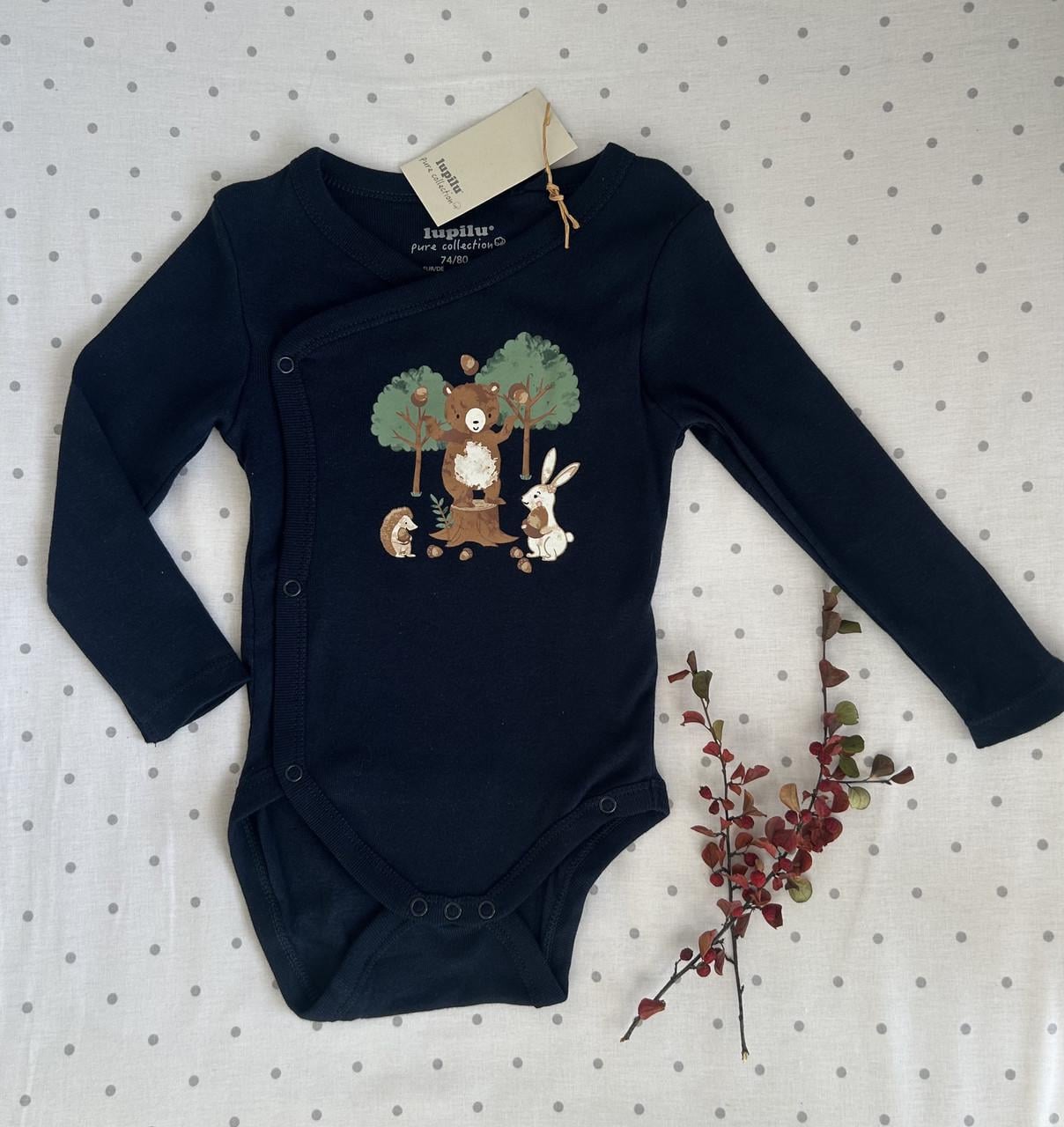 Бодік на запах в лісі з ведмедиком/зайчиком і їжачком Lupilu 74/80 см на 6-12 міс. Темно-синій (2825426384)