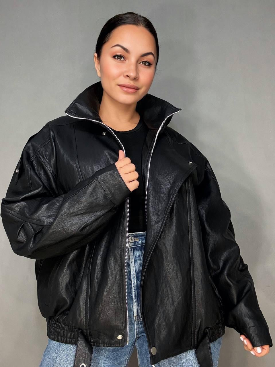 Куртка женская YZY 30045 из экокожи бомбер удлиненная оверсайз L Черный (6297)