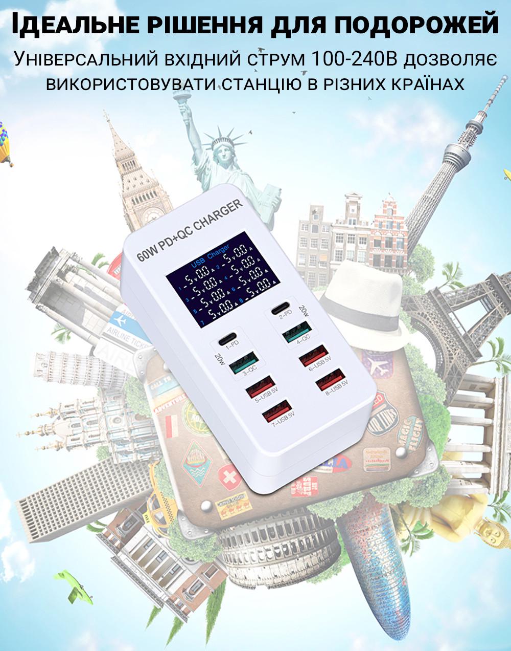 Пристрій зарядний Addap WLX-A8T на 8 роз'ємів 2 Type-C/6 USB-A із підтримкою PD 3.0 та QC 3.0 швидкої зарядки - фото 7