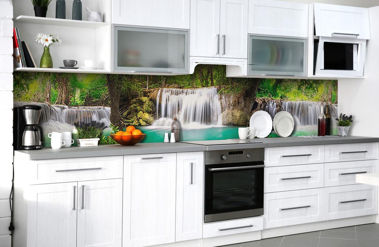 Кухонный фартук Каскадные водопады лес деревья из самоклеющейся виниловой пленки 60х300 см Зеленый