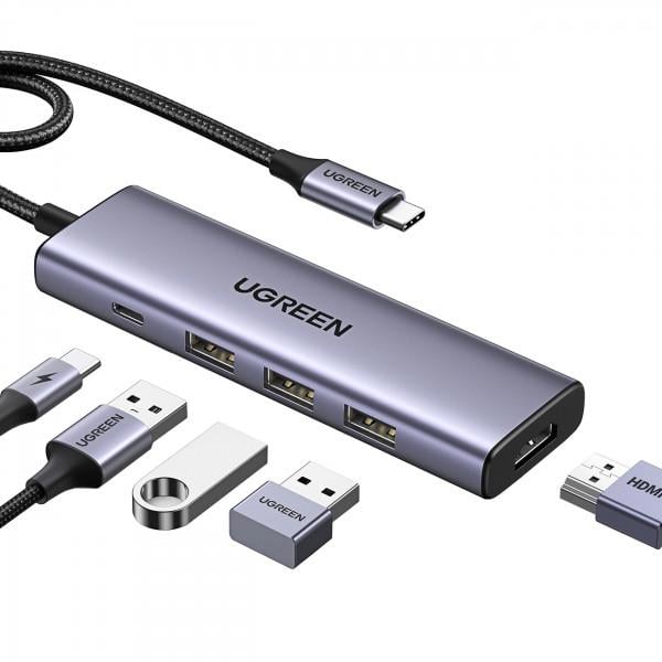 USB-хаб UGREEN CM511 USB 3.1 Type-C to HDMI 60Hz 3xUSB 3.0 Type-C PD 100W 5в1 Grey (15597)