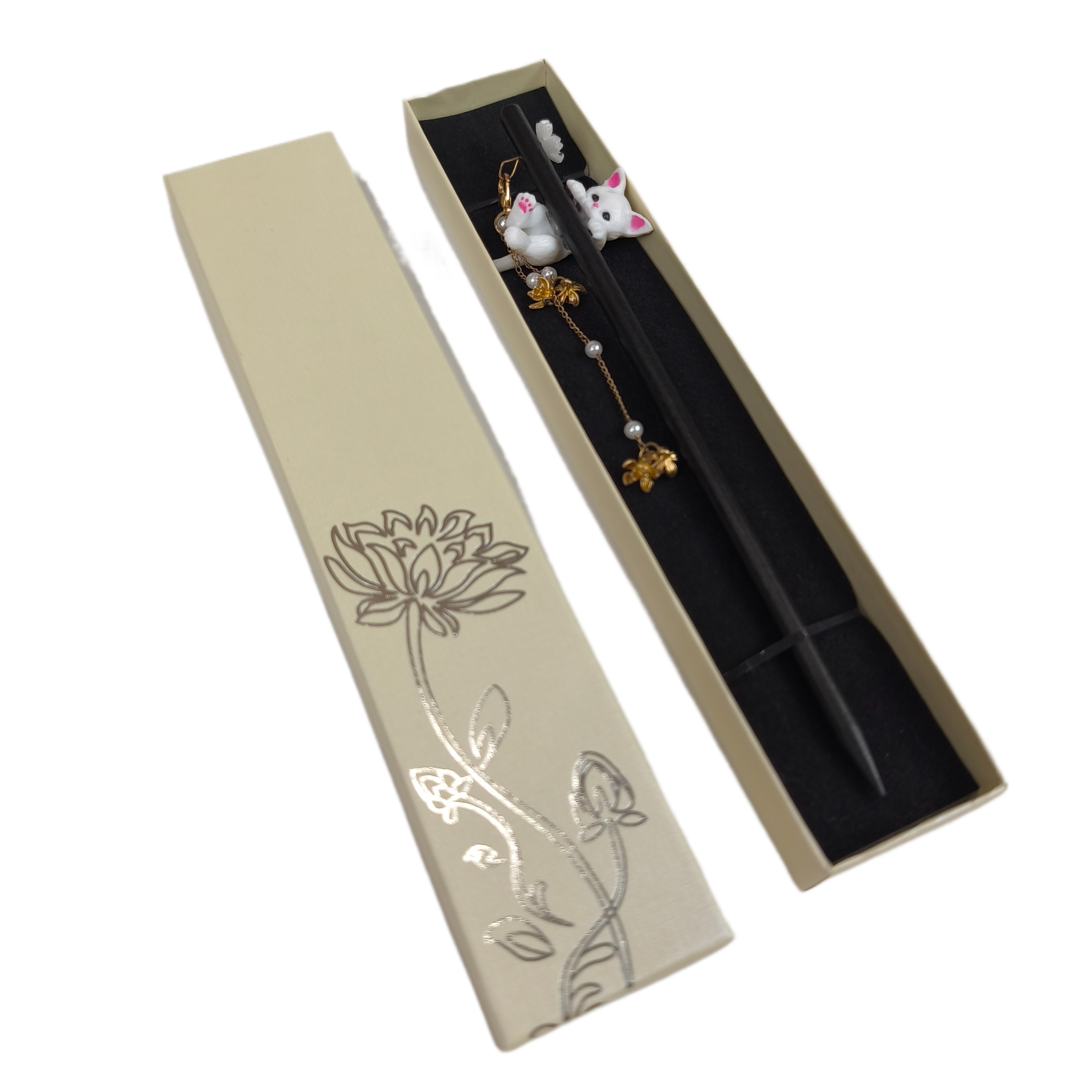 Шпилька-палочка китайская деревянная для волос с котиком в подарочной коробочке (U8109)