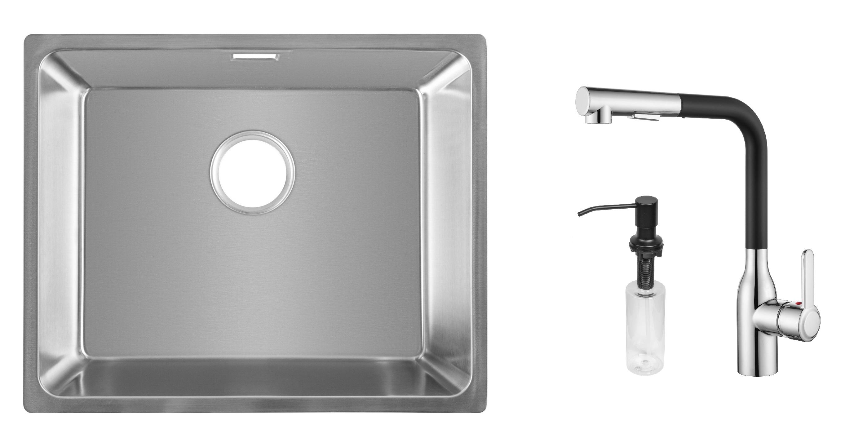 Комплект из кухонной мойки Gunter&Hauer Gera 5420 IX кухонного смесителя Gunter&Hauer DUNKEL Cr-Bl и дозатора Gunter&Hauer SOAP DISPENSER Black