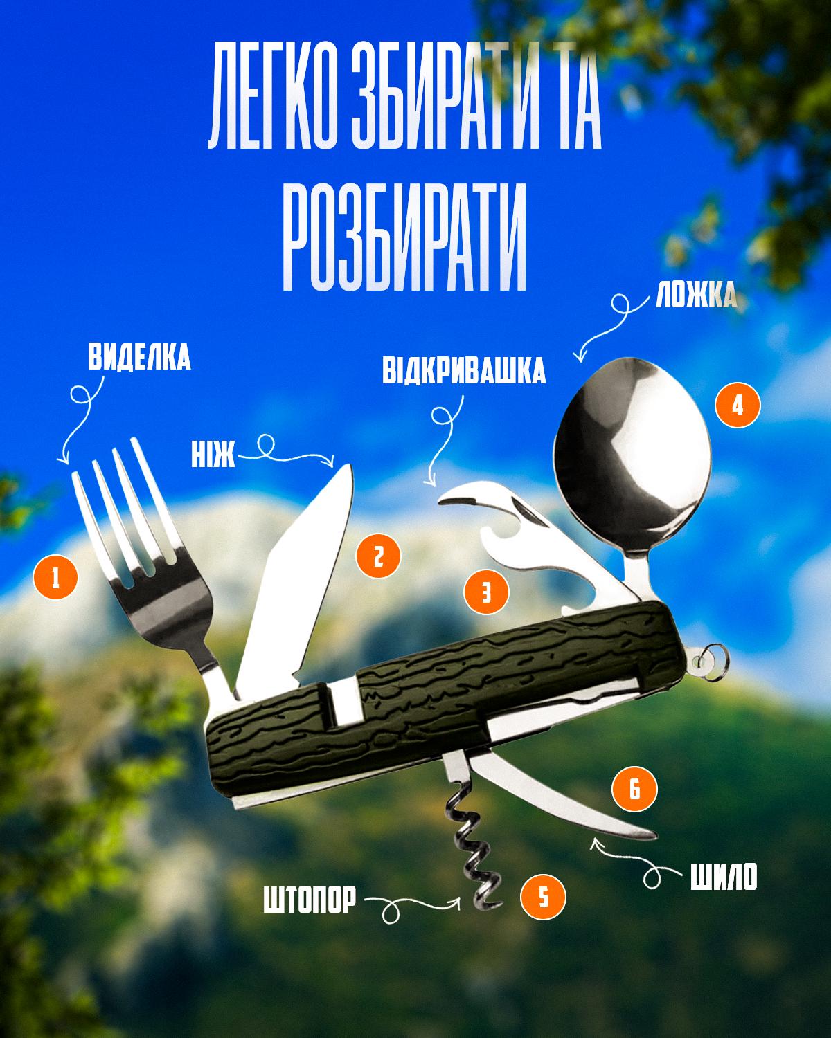 Мультитул туристический BRS 6в1 ложка/вилка/нож Green (23547416) - фото 3 Мультитул туристический BRS 6в1 ложка/вилка/нож Green (23547416) - фото 3