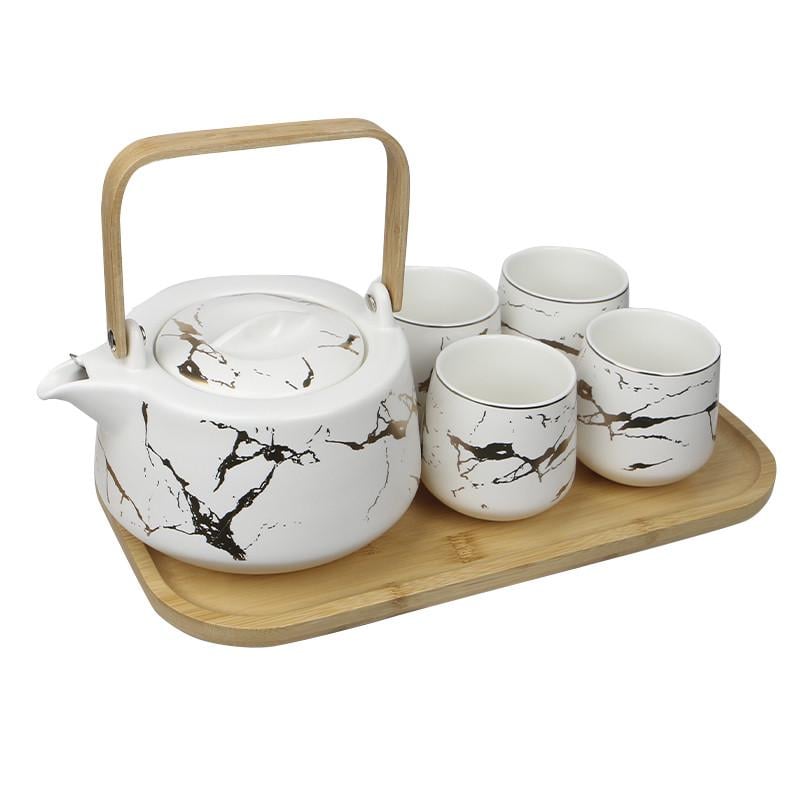 Сервиз для чая Lesko Мраморная роскошь чайник/чашки 4 шт./деревянная подставка White (2499873912)
