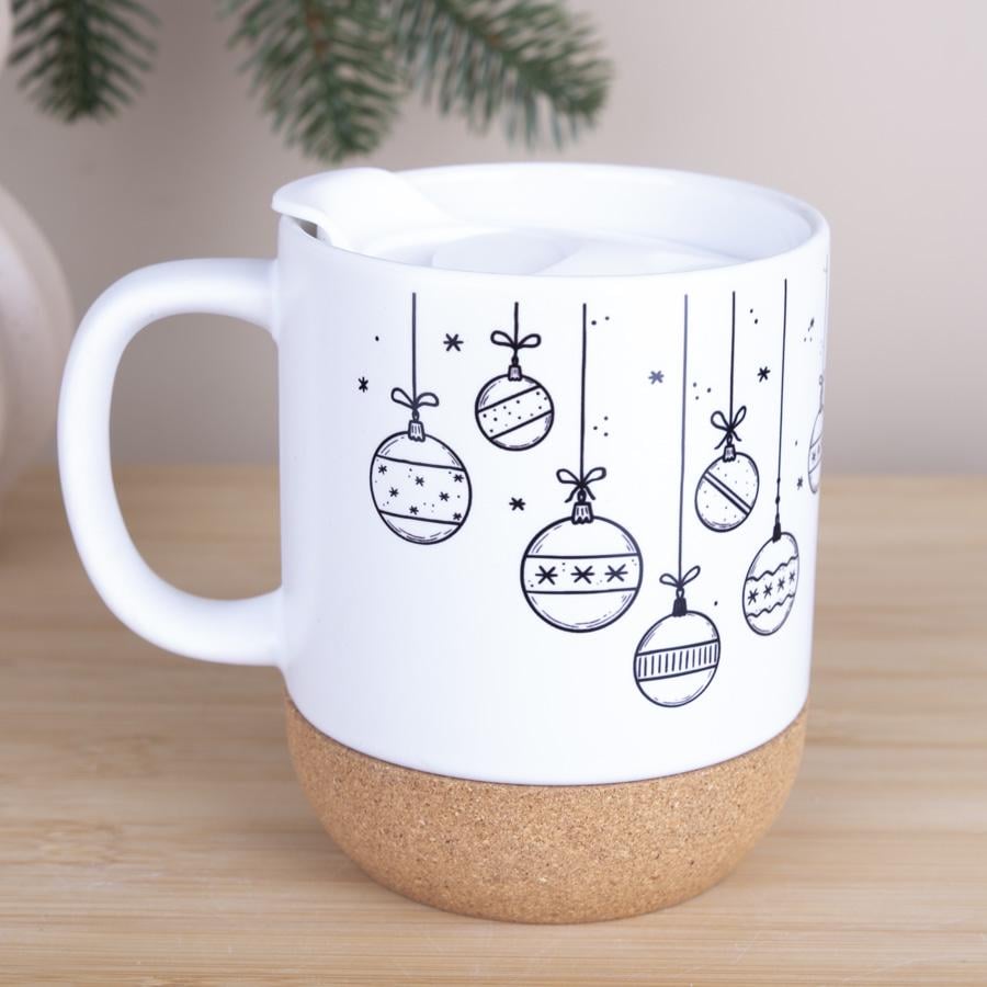 Чашка с крышкой Черные шарики пробковое дно (1745-1)