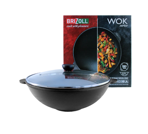 Сковорода чугунная WOK со стеклянной крышкой 3,7 л 280x96 мм Brizoll - фото 4