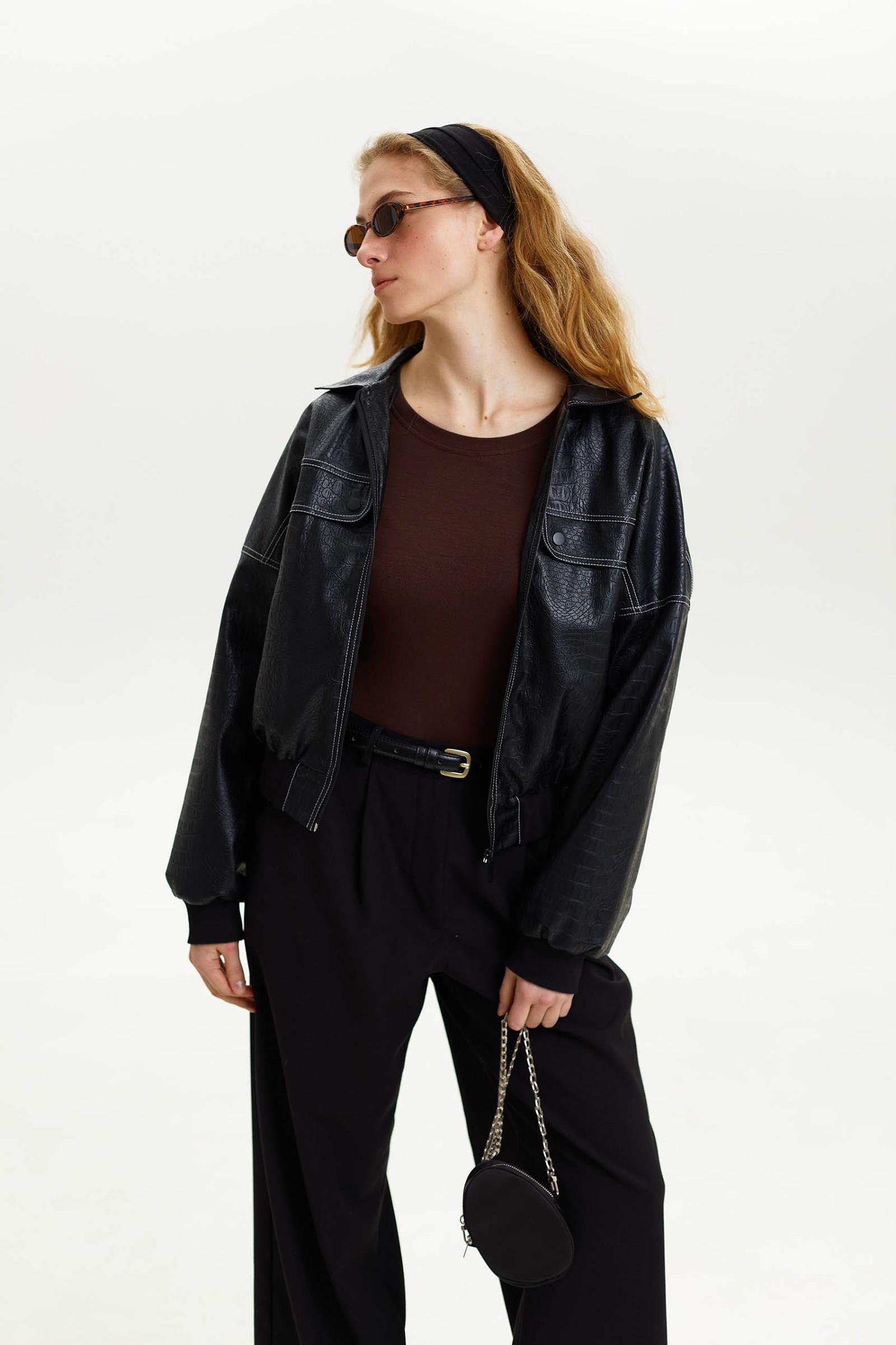 Бомбер женский NUOF Эко кожа S Черный (384)