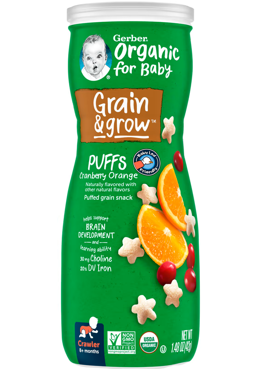 Снеки з повітряних злаків Gerber Grain&Grow Puffs Snack від 8 місяців Журавлина та апельсин 42 г