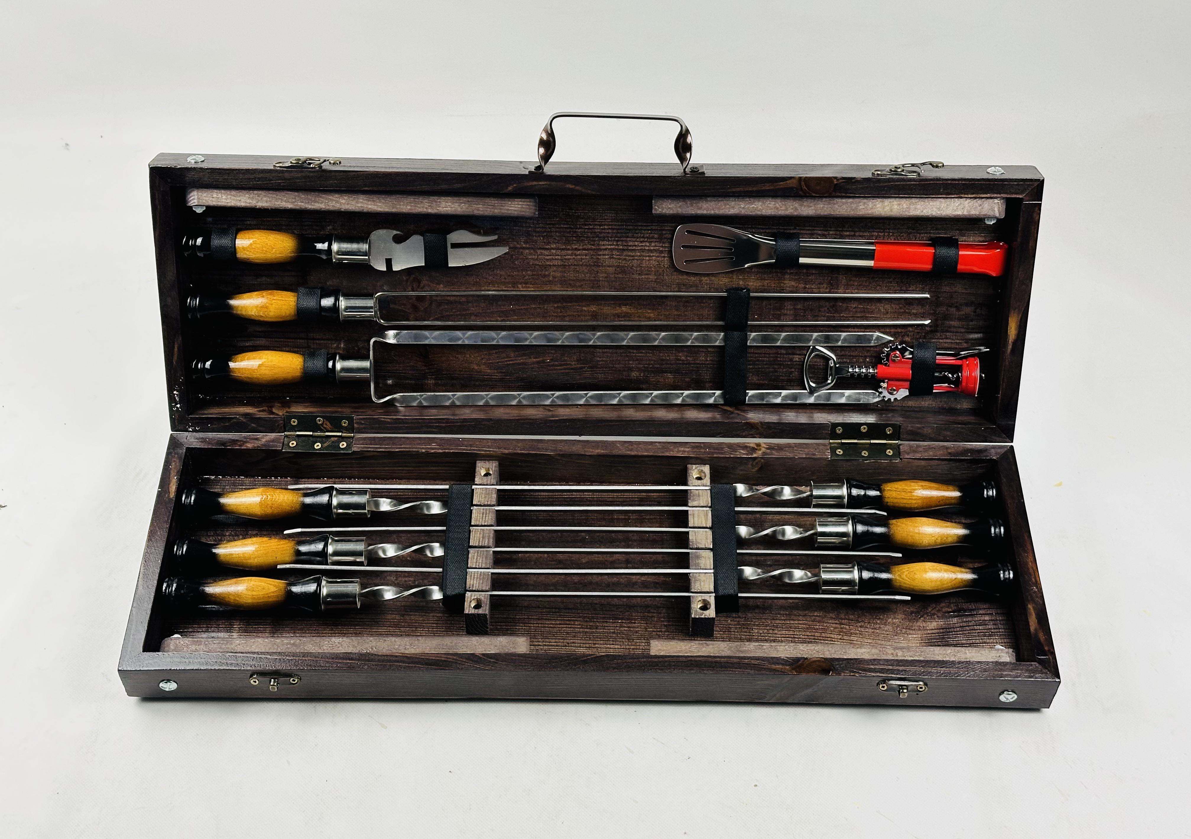 Подарочный набор шампуров Пантера Люкс в кейсе-трансформере из натурального дерева и нержавеющей стали из 11 предметов Коричневый (143-10-KS-7623)