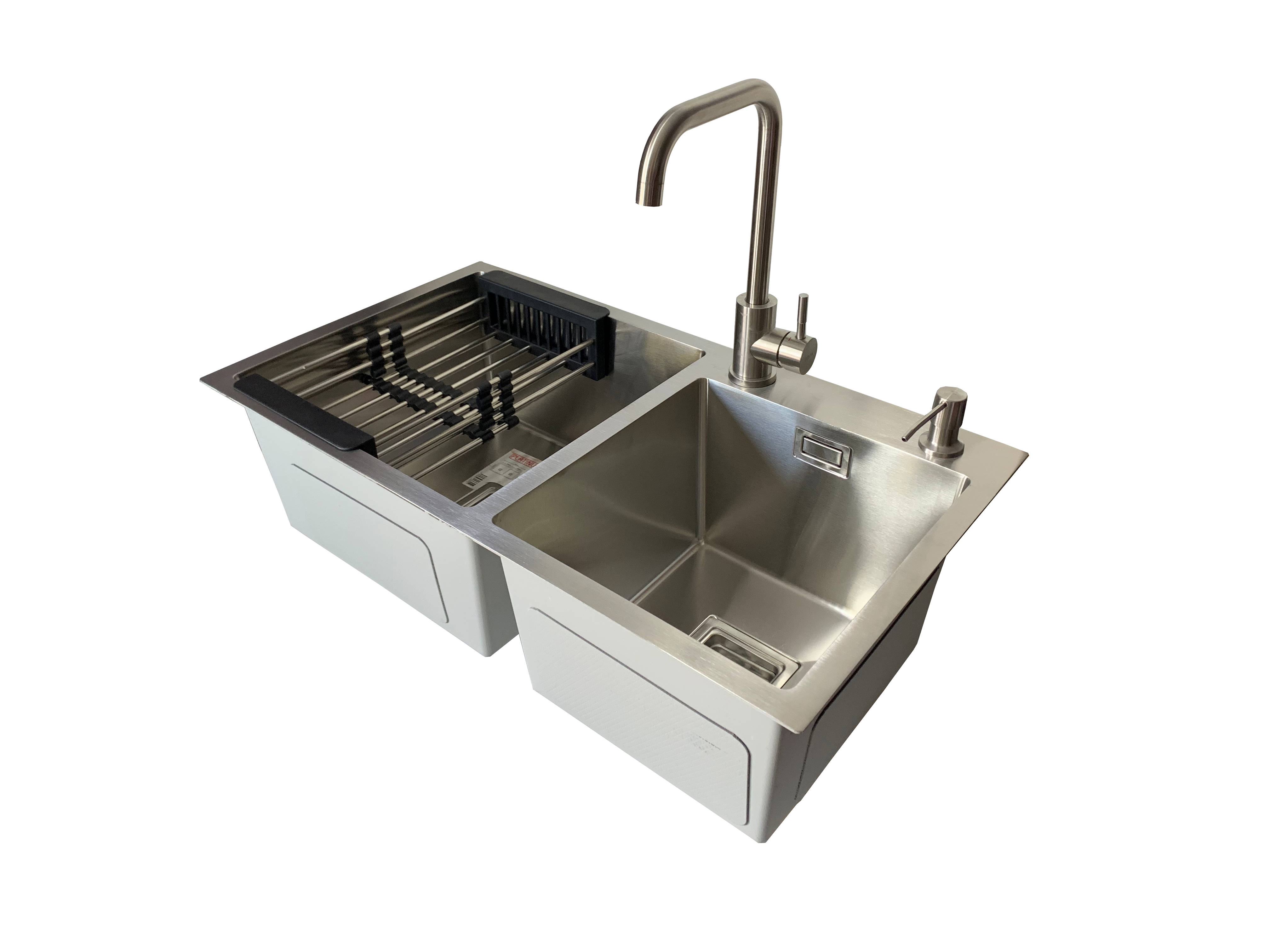 Мойка кухонная Platinum Handmade 78x43 см две чаши/смеситель/дозатор/корзинка (6577e1a7)