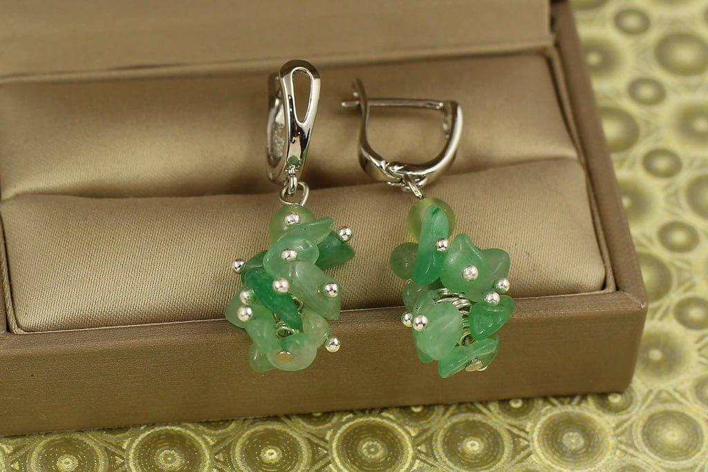 Серьги подвески из натурального нефрита 3,8 см Серебристый (29186802)