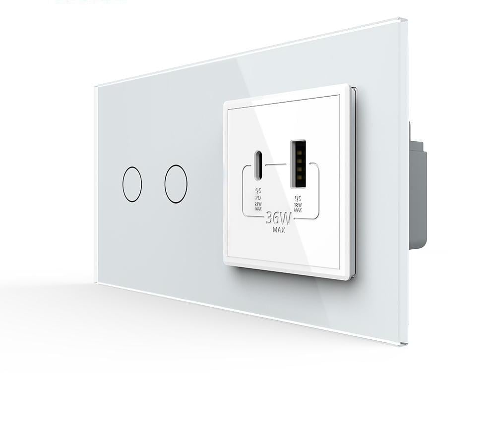 Выключатель сенсорный Livolo двойной/проходной с розеткой USB-A + USB-C 36 Вт стекло Белый