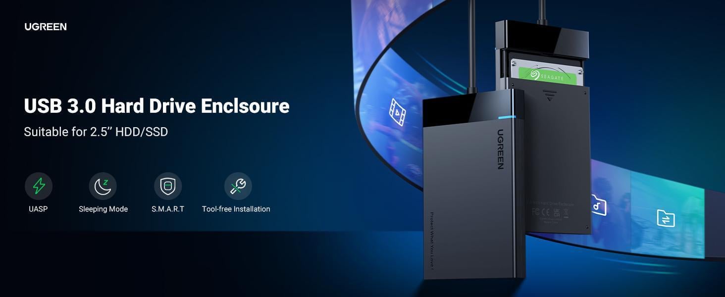 Корпус UGREEN для SSD/HDD 2.5"/5 Гбіт/с SATA III з USB кабелем 0.3 м Чорний (30847) - фото 3