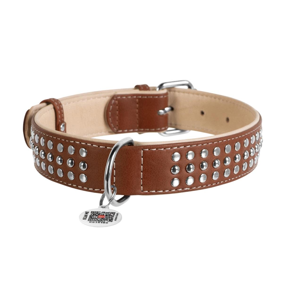 Ошейник для собак кожаный Waudog Soft с QR паспортом/металлические украшения 35 мм х 46-60 см Коричневый (7215 Col)