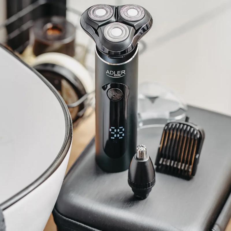 Електробритва роторна дорожня 3в1 ADLER AD 2940 з тримером для бороди, носа та вух LCD дисплей USB Чорний - фото 2 Електробритва роторна дорожня 3в1 ADLER AD 2940 з тримером для бороди, носа та вух LCD дисплей USB Чорний - фото 2