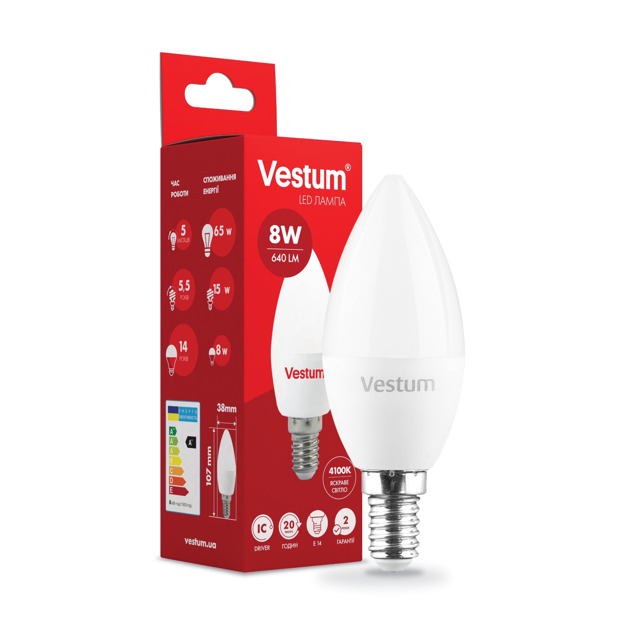 Лампа LED Vestum C37 8 W 4100K 220 V E14