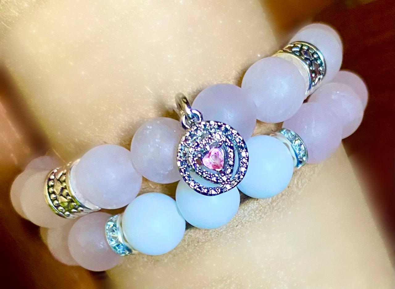 Браслет LITAURS из натурального камня розовый кварц белый агат d 10 мм и металлическими вставками 2 шт. М 15-17 см (250408) - фото 5