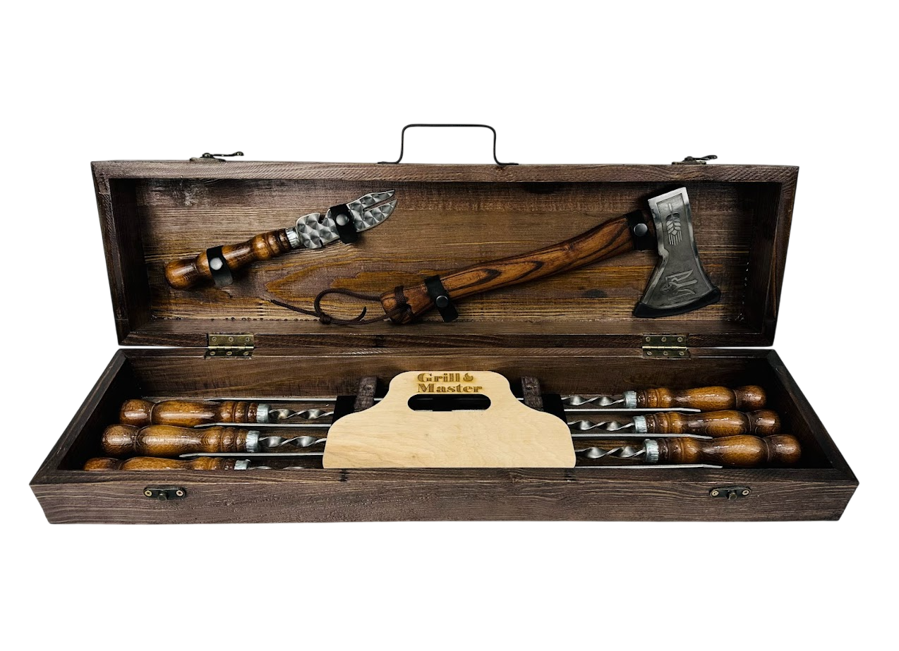 Подарочный набор шампуров ручной работы Кизляр мини 9 предметов в кейсе 74х20х14 см Коричневый (124-10-KS-7705)