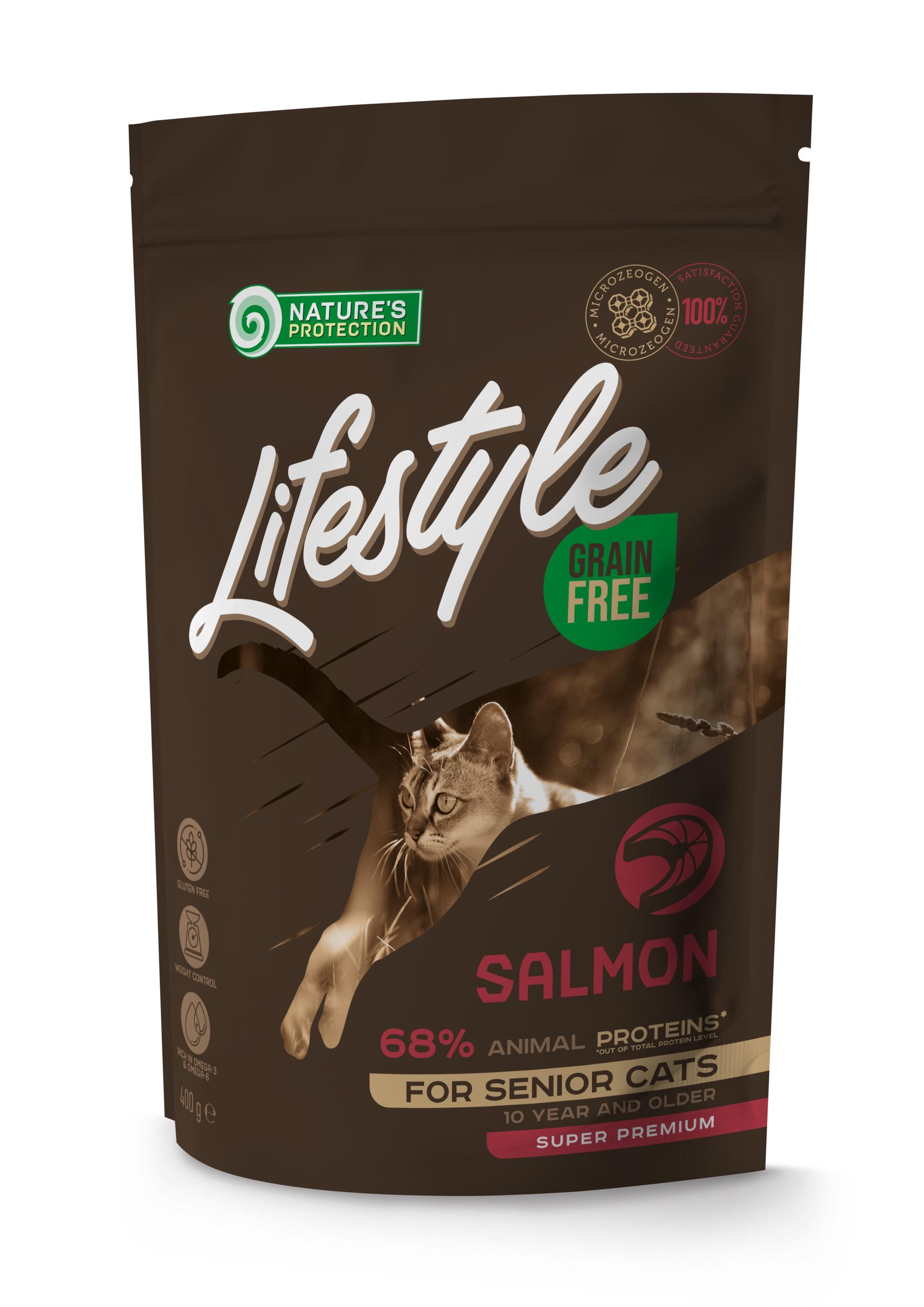 Корм сухой беззерновой Nature's Protection Lifestyle Grain Free Salmon Senior Cat c лососем для пожилых кошек 400 г (4771317459558)