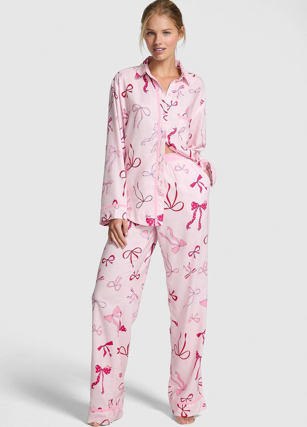 Пижама фланелевая с бантами Victoria's Secret Flannel Long Pajama Set XL Розовый (7000429521QT6XL.R)