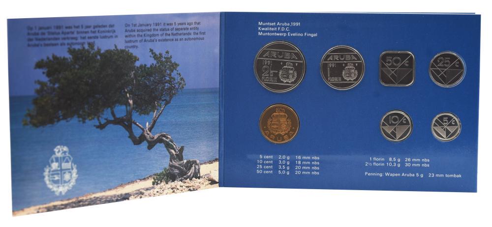 Коллекционные монеты Аруба 7 шт. 1991 UNC 5/10/25/50 центов/1/2,5 флорина/жетон в сувенирной упаковке (М21612)