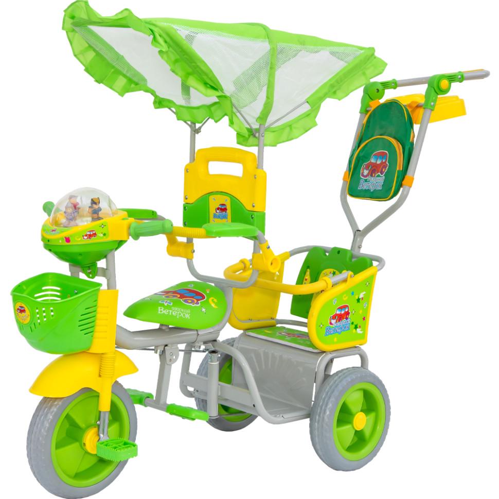 Велосипед дитячий двомісний 3-колісний для двійні Пустотливий вітерець з батьківською ручкою Зелений