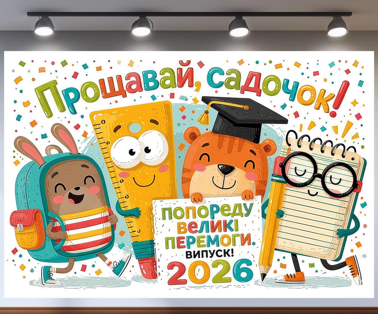 Баннер для фотозоны "Випуск 2026 Попереду великі перемоги" канцтовары линейка и блокнот 300x200 см Баннер для фотозоны "Випуск 2026 Попереду великі перемоги" канцтовары линейка и блокнот 300x200 см